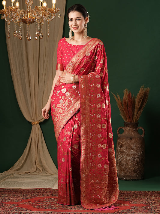 Women's Georgette Pink Woven Design Designer Saree With Blouse Piece