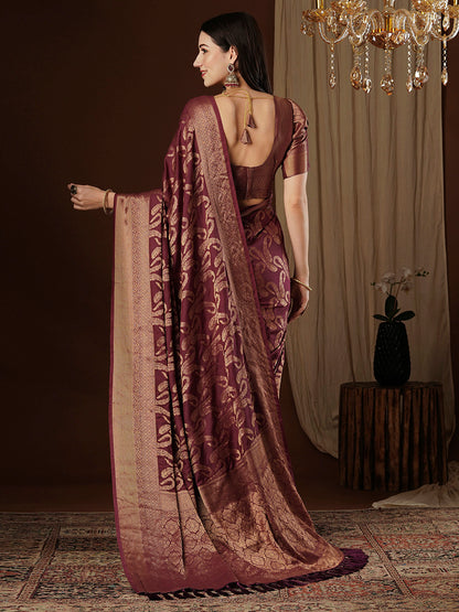Women's Viscose Silk Burgundy Woven Design Designer Saree With Blouse Piece