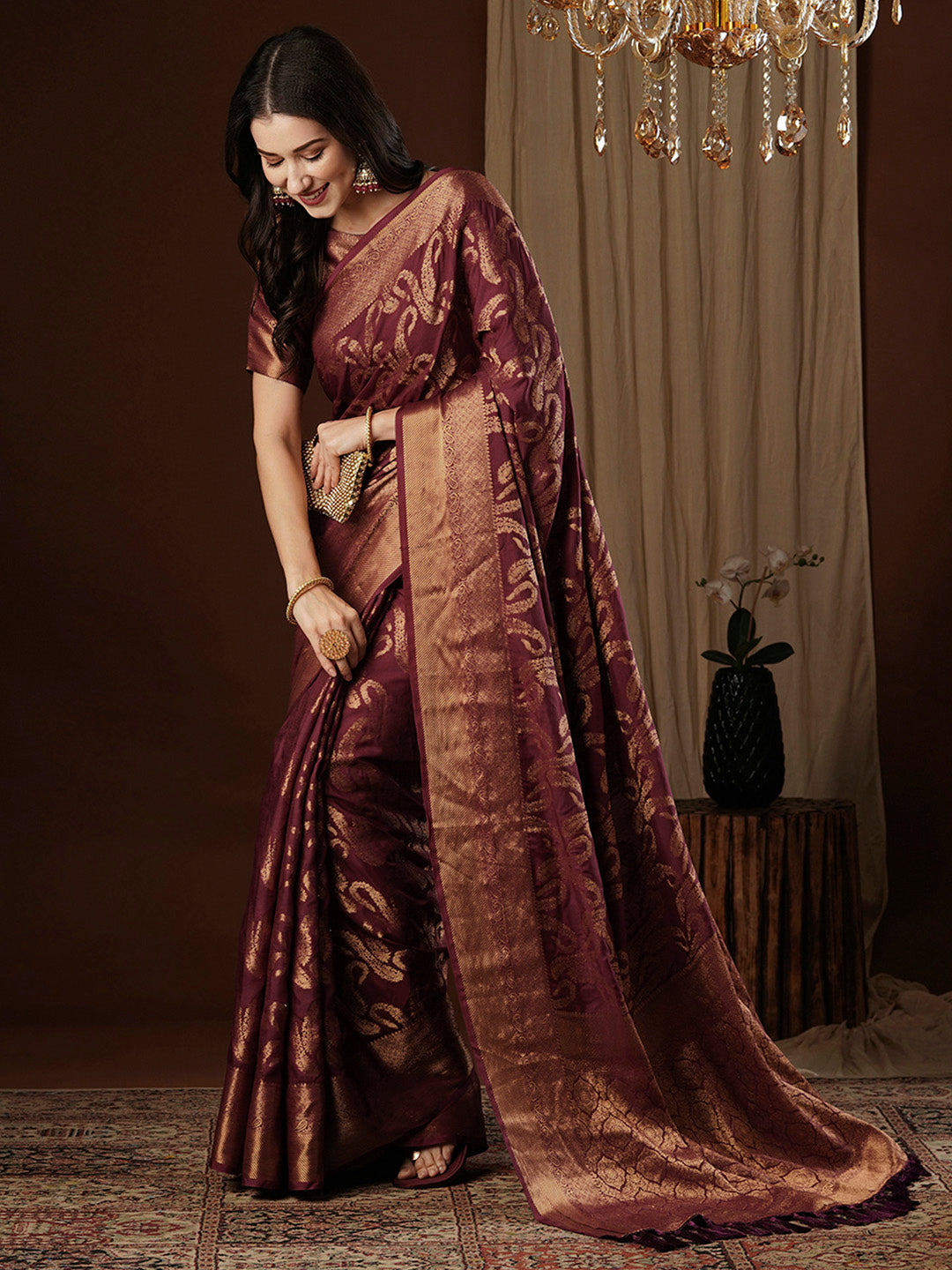 Women's Viscose Silk Burgundy Woven Design Designer Saree With Blouse Piece