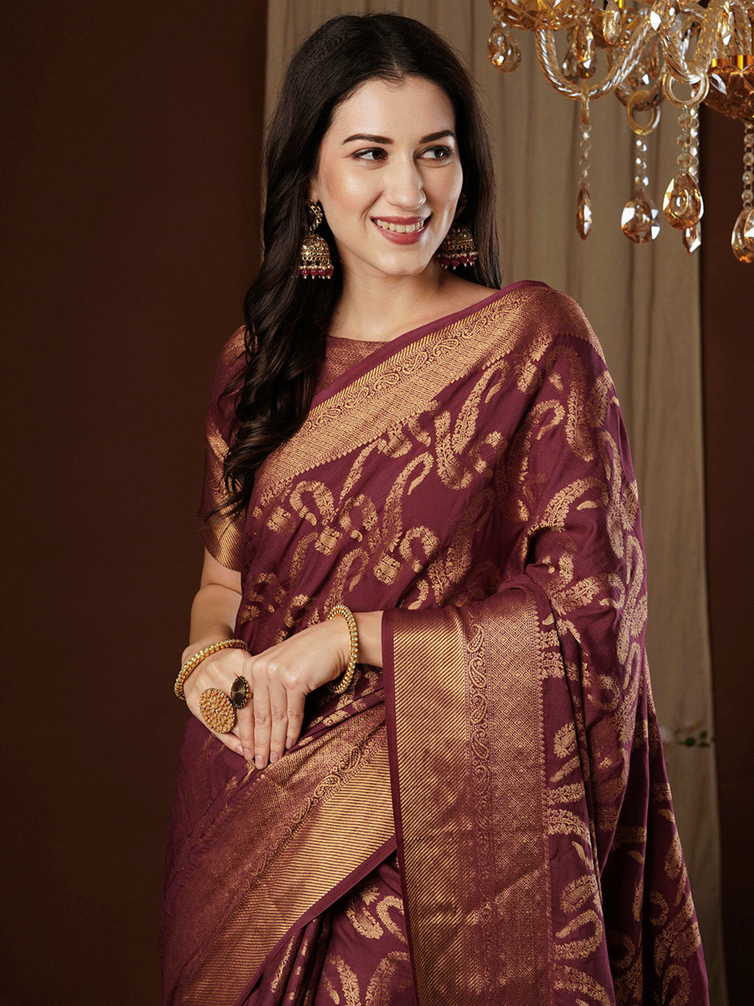 Women's Viscose Silk Burgundy Woven Design Designer Saree With Blouse Piece