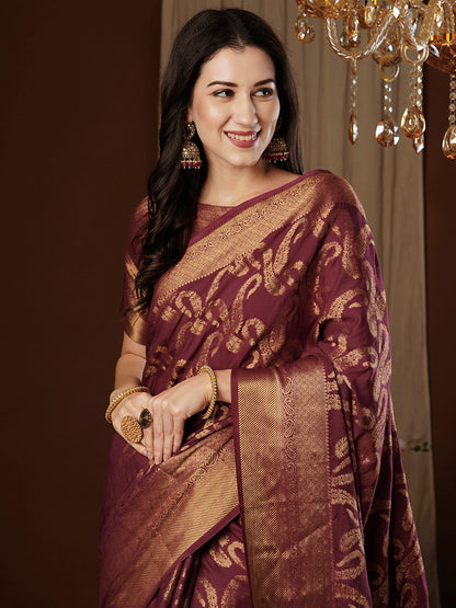 Women's Viscose Silk Burgundy Woven Design Designer Saree With Blouse Piece