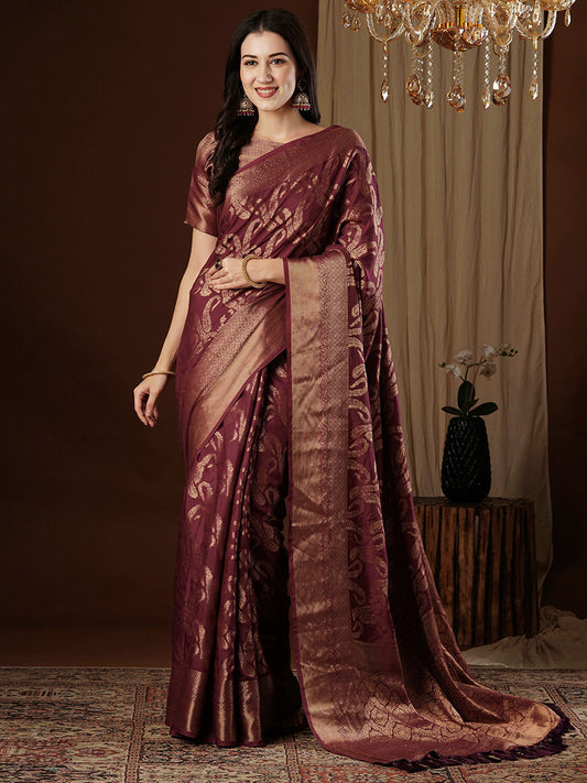 Women's Viscose Silk Burgundy Woven Design Designer Saree With Blouse Piece