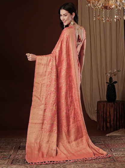 Women's Viscose Silk Peach Woven Design Designer Saree With Blouse Piece