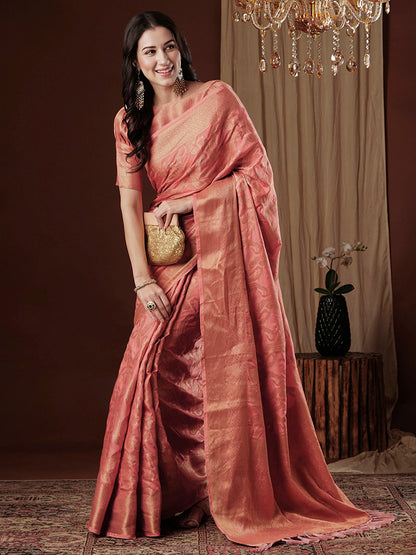 Women's Viscose Silk Peach Woven Design Designer Saree With Blouse Piece