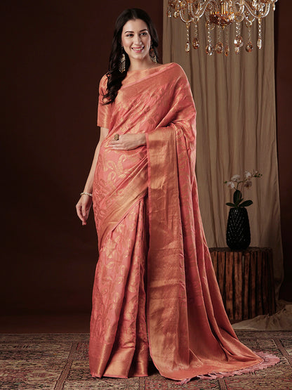 Women's Viscose Silk Peach Woven Design Designer Saree With Blouse Piece