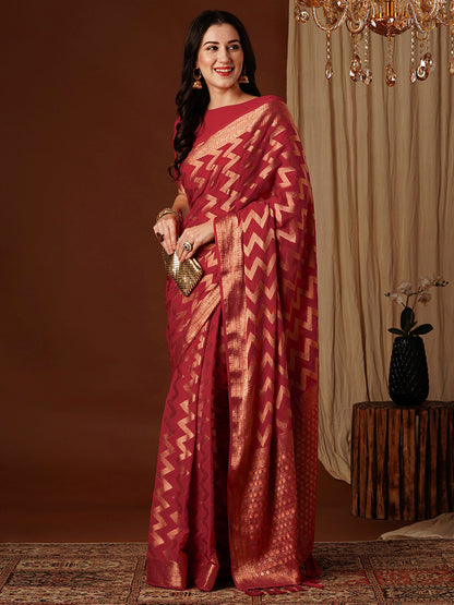 Women's Georgette Red Woven Design Designer Saree With Blouse Piece