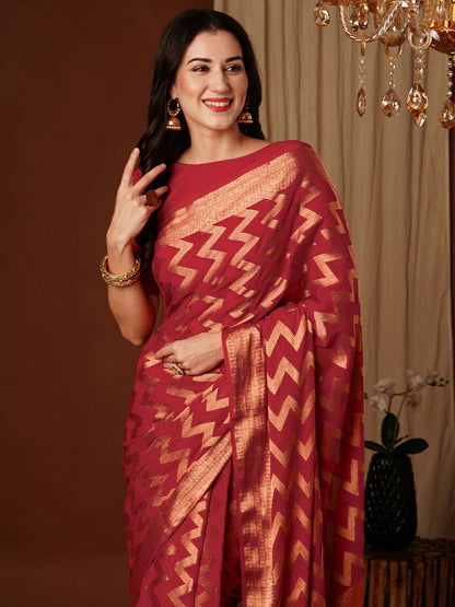 Women's Georgette Red Woven Design Designer Saree With Blouse Piece