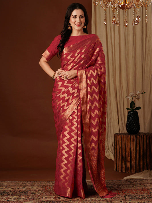 Women's Georgette Red Woven Design Designer Saree With Blouse Piece