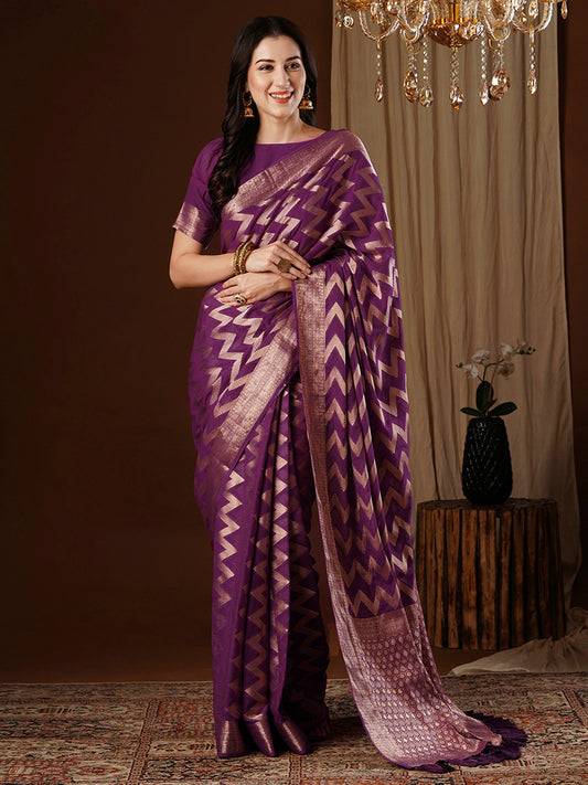 Women's Georgette Purple Woven Design Designer Saree With Blouse Piece