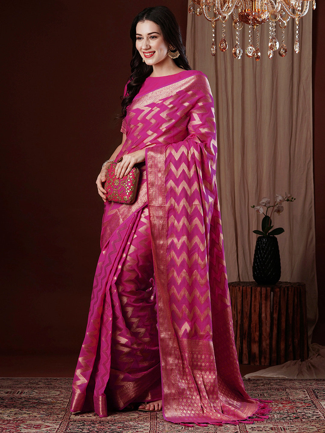 Women's Georgette Pink Woven Design Designer Saree With Blouse Piece