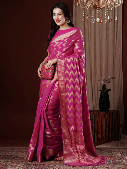 Women's Georgette Pink Woven Design Designer Saree With Blouse Piece