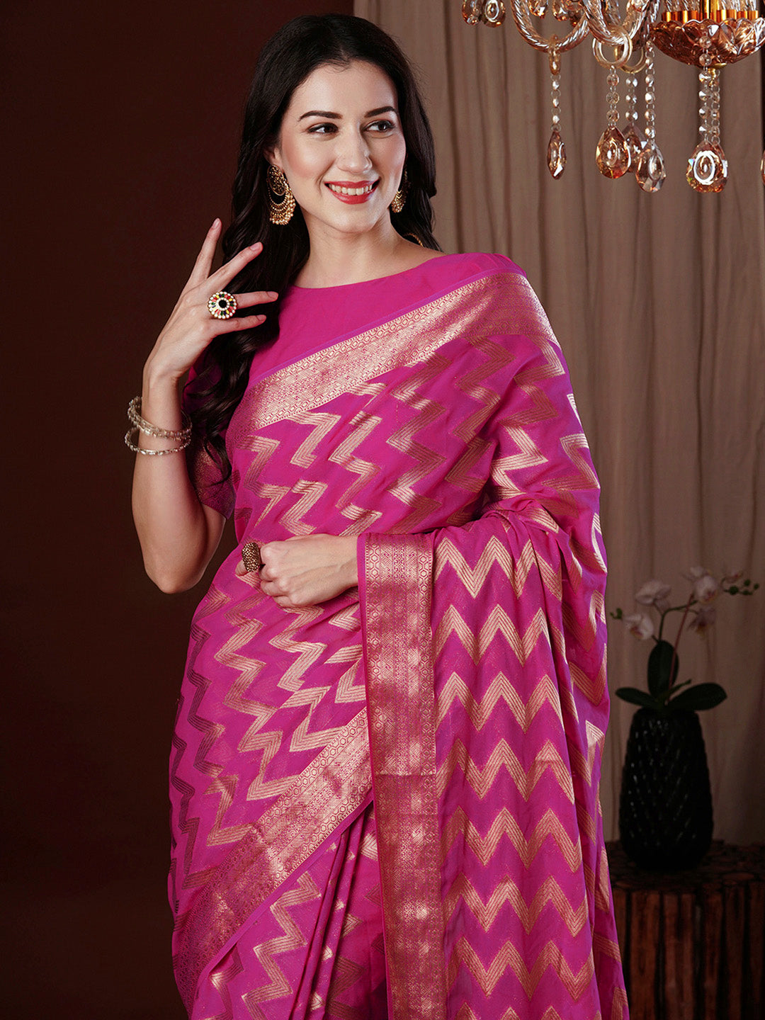 Women's Georgette Pink Woven Design Designer Saree With Blouse Piece