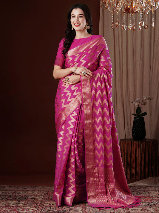 Women's Georgette Pink Woven Design Designer Saree With Blouse Piece