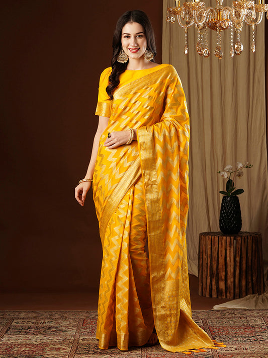 Women's Georgette Yellow Woven Design Designer Saree With Blouse Piece