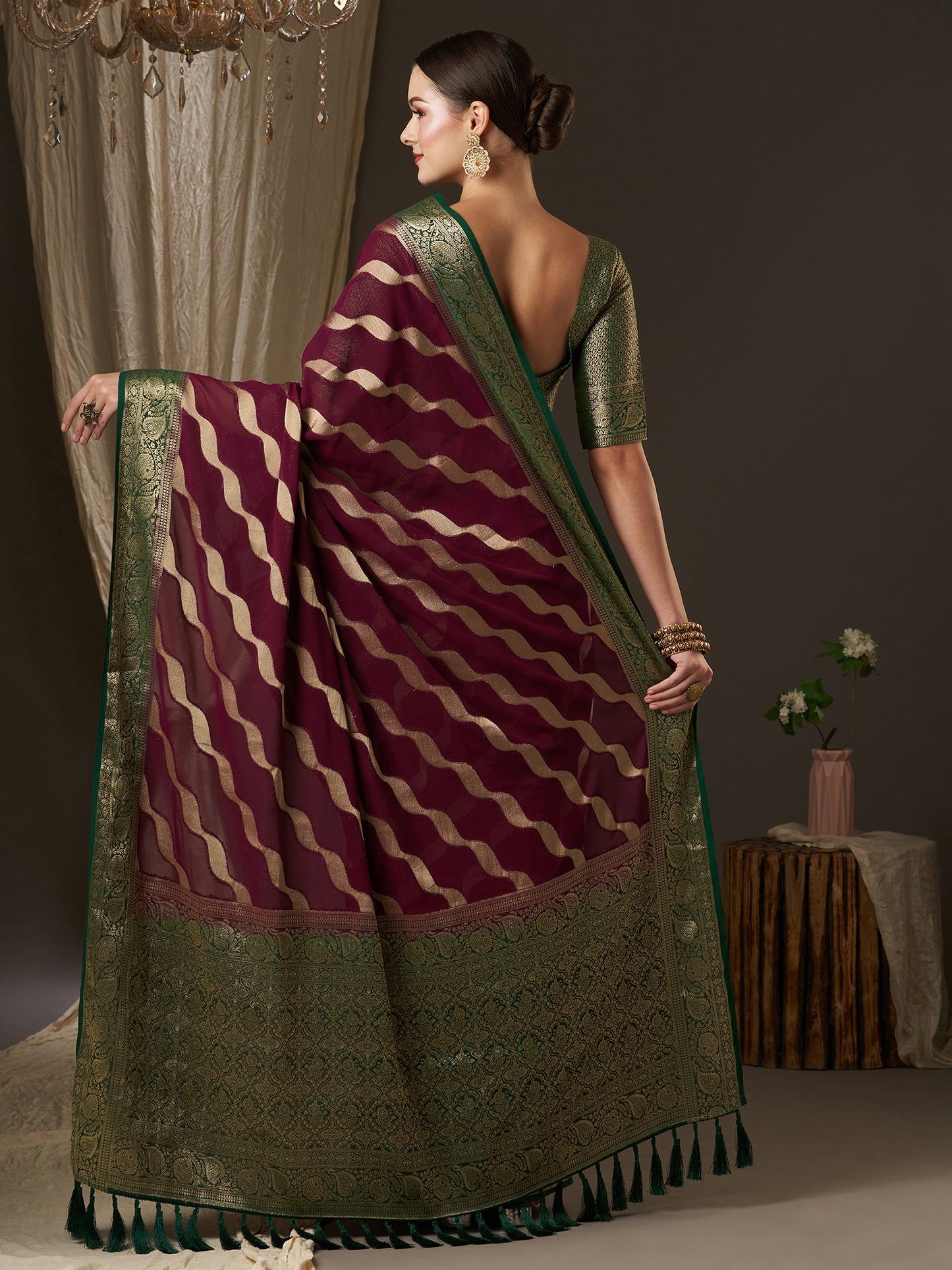 Women's Georgette Burgundy Woven Design Designer Saree With Blouse Piece