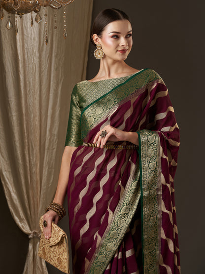 Women's Georgette Burgundy Woven Design Designer Saree With Blouse Piece