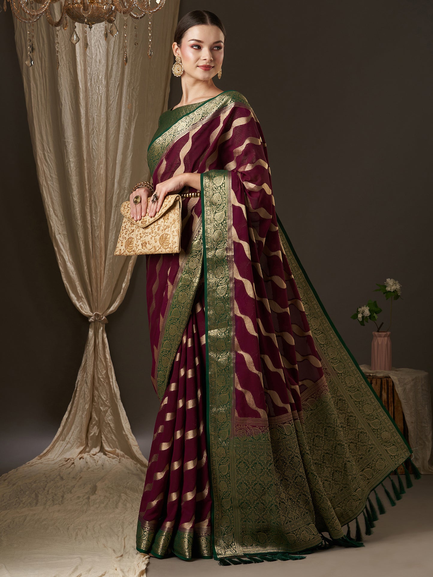 Women's Georgette Burgundy Woven Design Designer Saree With Blouse Piece