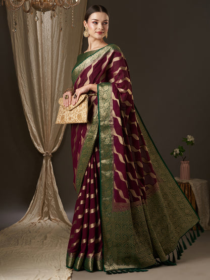 Women's Georgette Burgundy Woven Design Designer Saree With Blouse Piece
