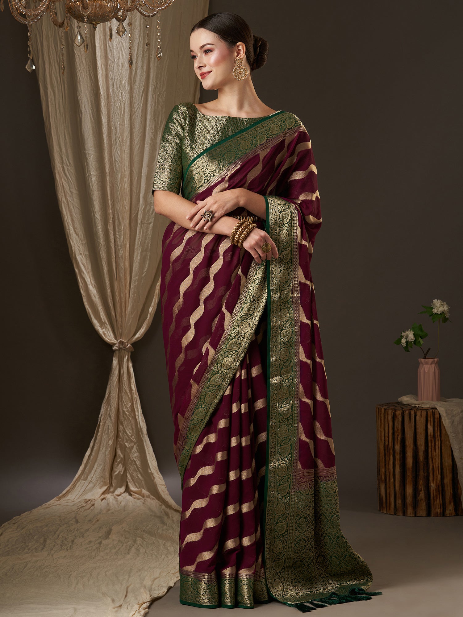 Women's Georgette Burgundy Woven Design Designer Saree With Blouse Piece