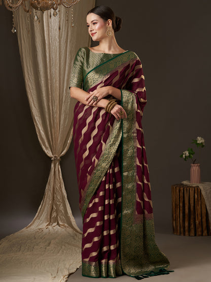 Women's Georgette Burgundy Woven Design Designer Saree With Blouse Piece
