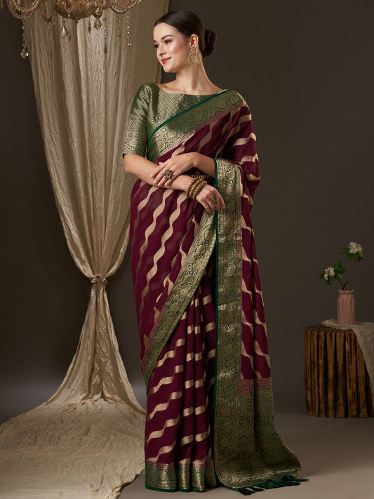 Women's Georgette Burgundy Woven Design Designer Saree With Blouse Piece