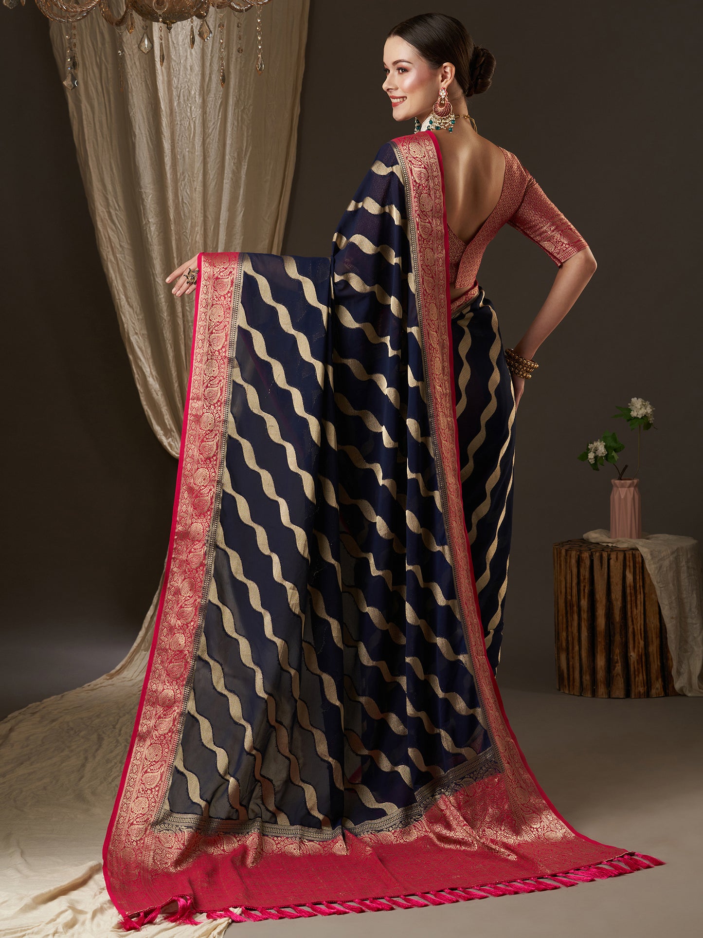 Women's Georgette Navy Blue Woven Design Designer Saree With Blouse Piece