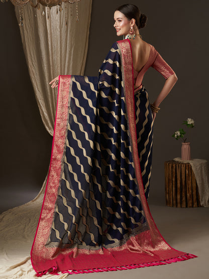 Women's Georgette Navy Blue Woven Design Designer Saree With Blouse Piece