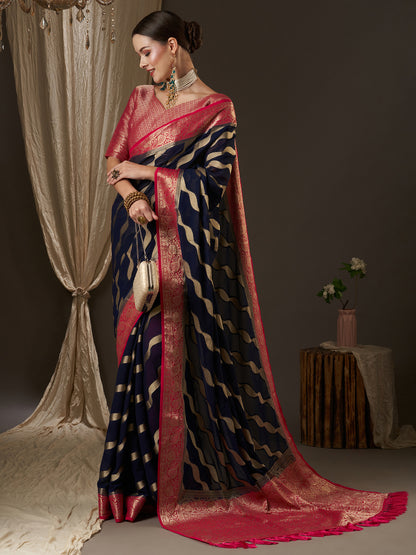 Women's Georgette Navy Blue Woven Design Designer Saree With Blouse Piece