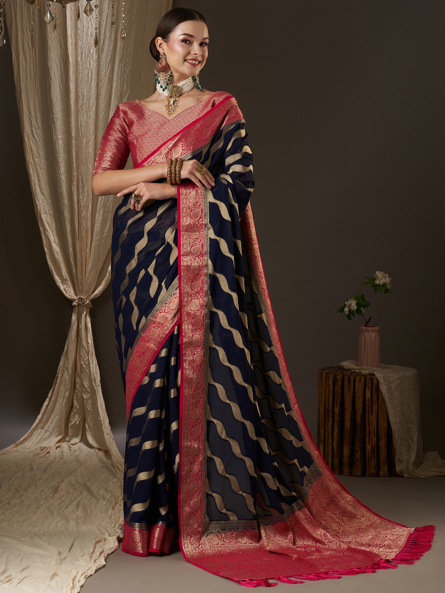 Women's Georgette Navy Blue Woven Design Designer Saree With Blouse Piece