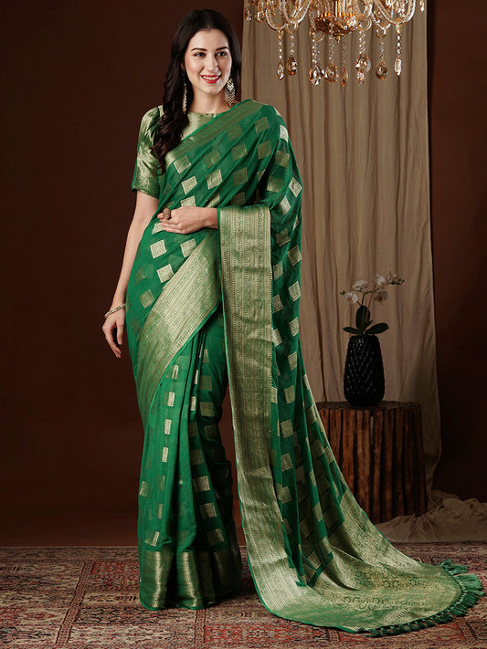 Women's Georgette Green Woven Design Designer Saree With Blouse Piece
