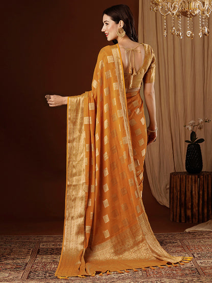 Women's Georgette Orange Woven Design Designer Saree With Blouse Piece