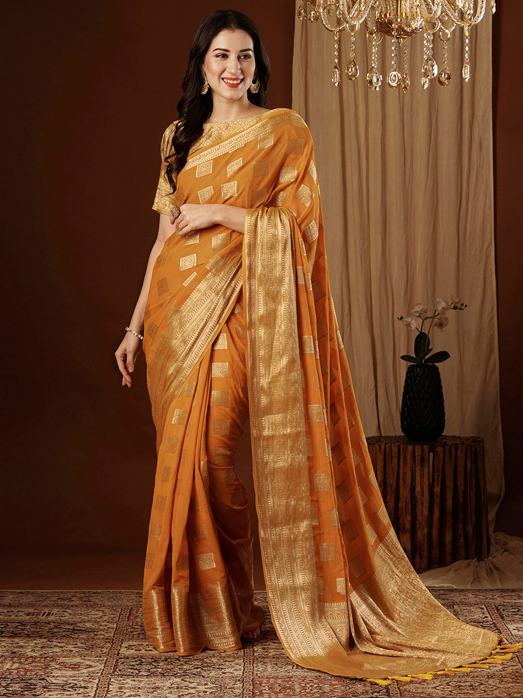 Women's Georgette Orange Woven Design Designer Saree With Blouse Piece