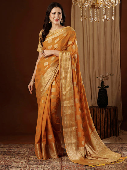 Women's Georgette Orange Woven Design Designer Saree With Blouse Piece