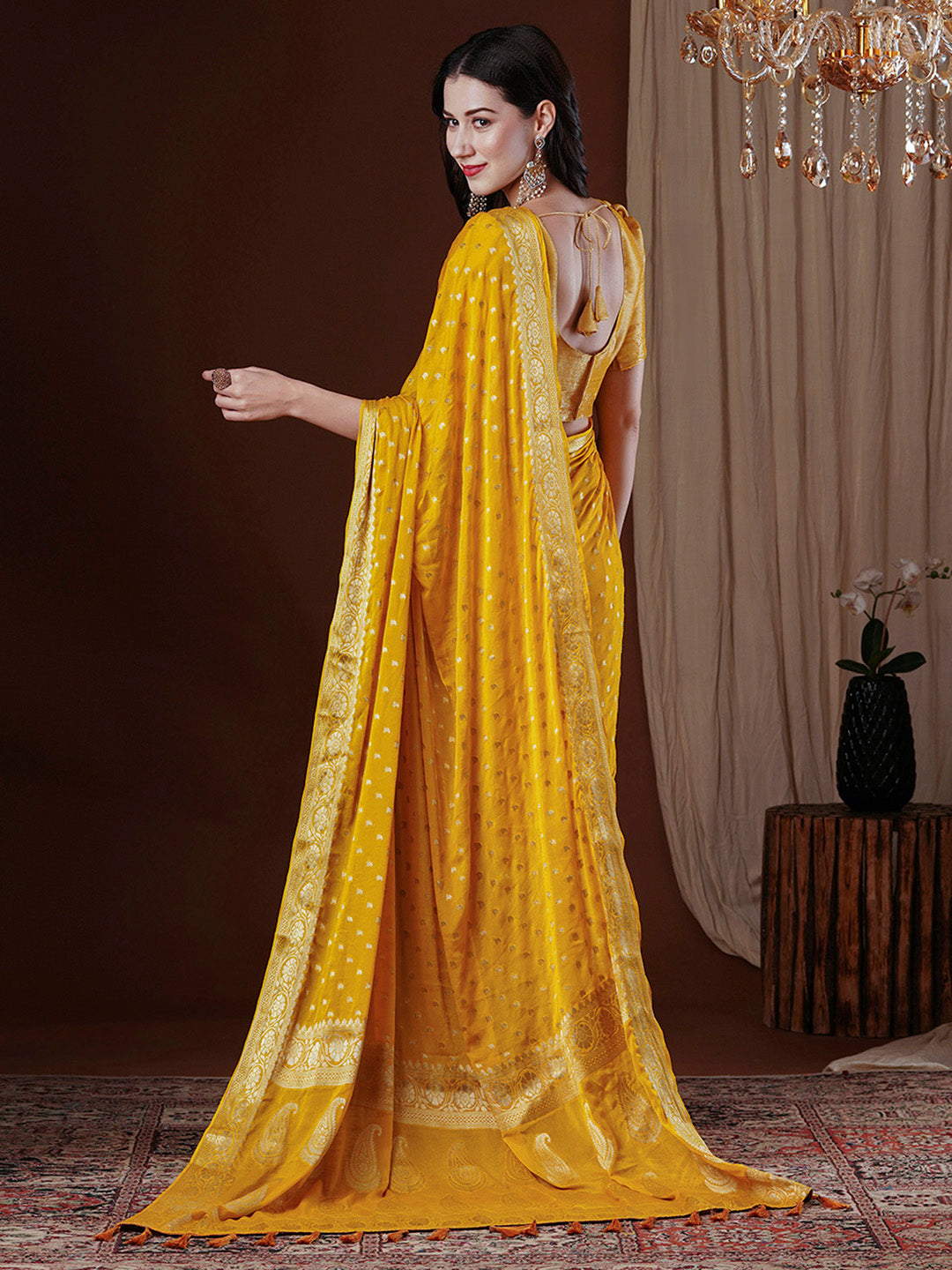 Women's Georgette Yellow Woven Design Designer Saree With Blouse Piece
