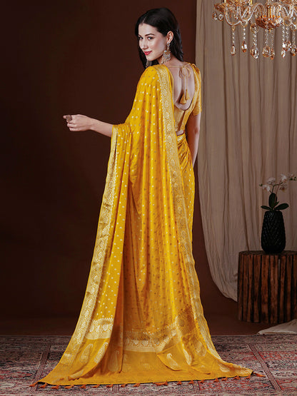 Women's Georgette Yellow Woven Design Designer Saree With Blouse Piece