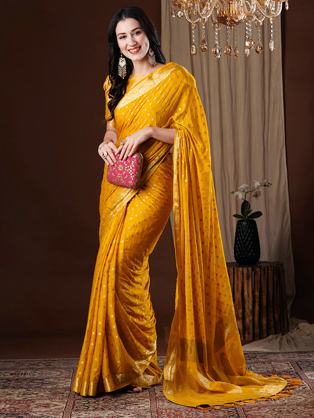 Women's Georgette Yellow Woven Design Designer Saree With Blouse Piece