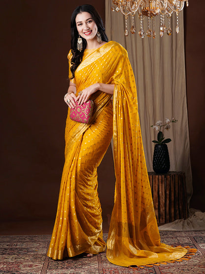 Women's Georgette Yellow Woven Design Designer Saree With Blouse Piece
