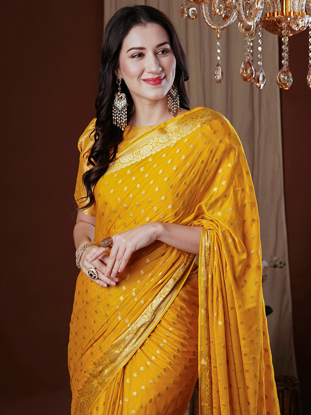 Women's Georgette Yellow Woven Design Designer Saree With Blouse Piece