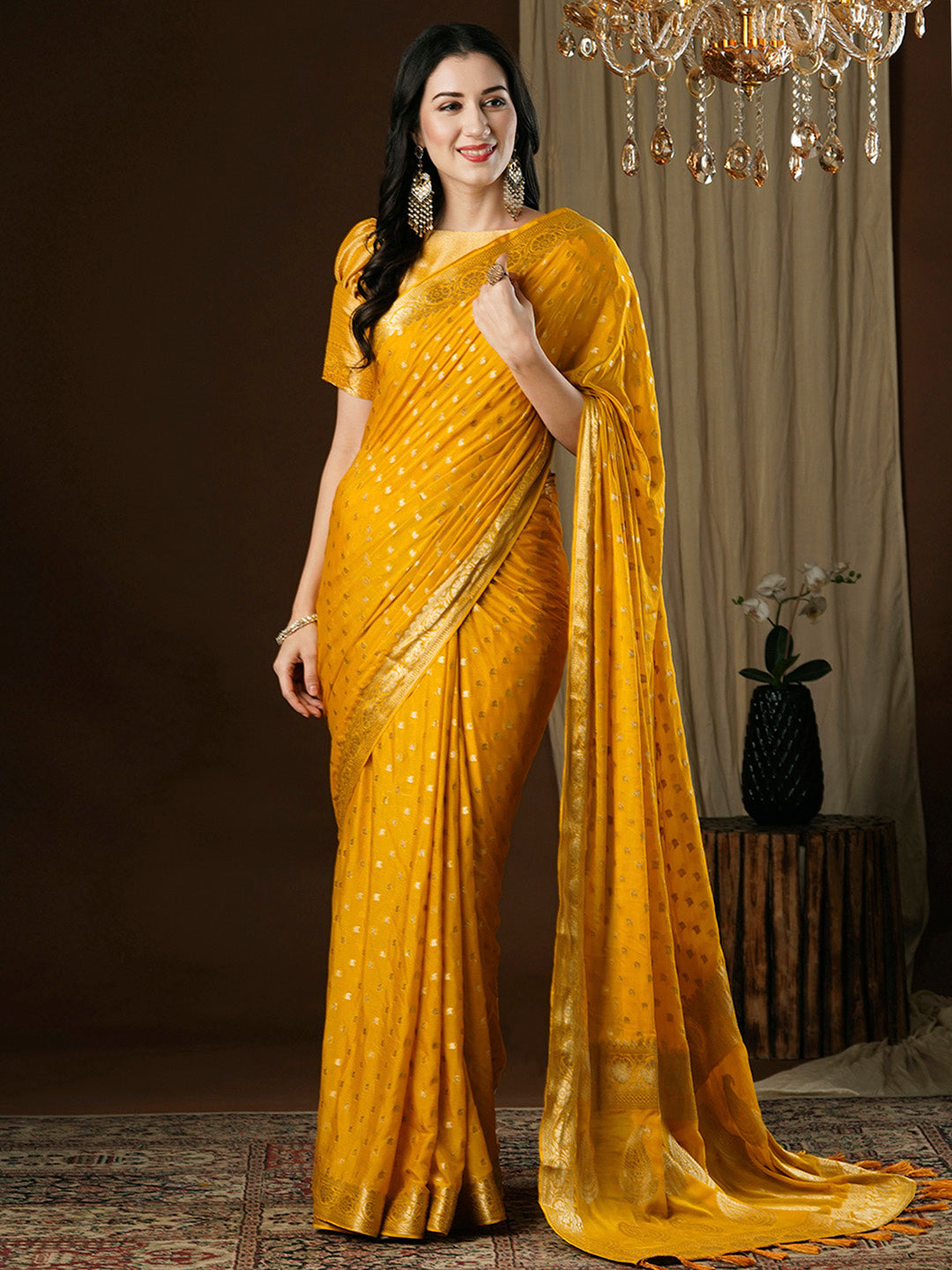 Women's Georgette Yellow Woven Design Designer Saree With Blouse Piece