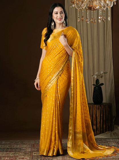 Women's Georgette Yellow Woven Design Designer Saree With Blouse Piece