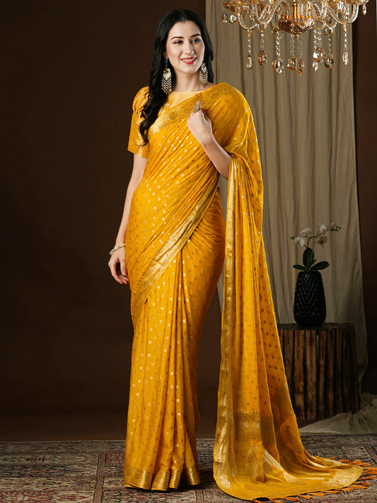 Women's Georgette Yellow Woven Design Designer Saree With Blouse Piece