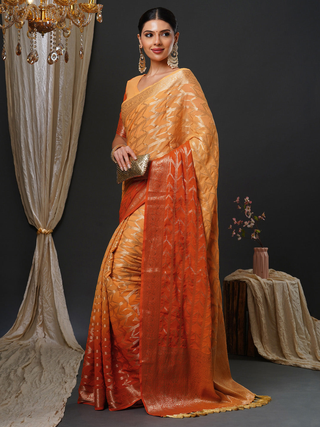Women's Georgette Orange Woven Design Designer Saree With Blouse Piece