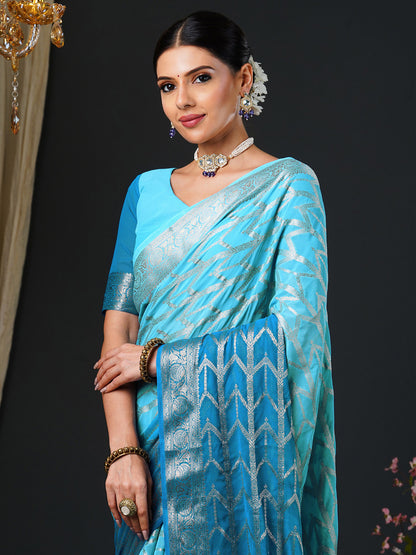 Women's Georgette Light Blue Woven Design Designer Saree With Blouse Piece