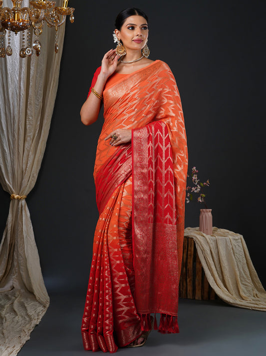 Women's Georgette Orange Woven Design Designer Saree With Blouse Piece