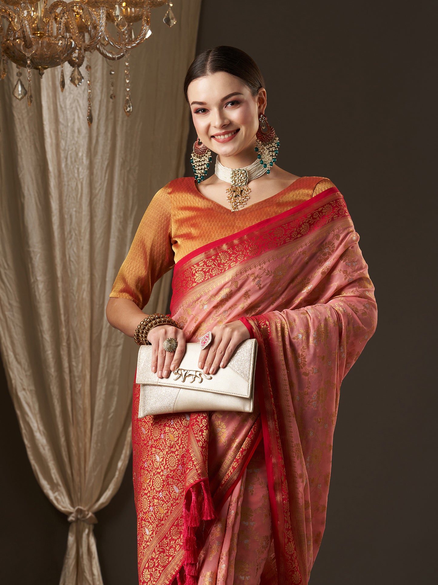 Women's Georgette Pink Woven Design Designer Saree With Blouse Piece