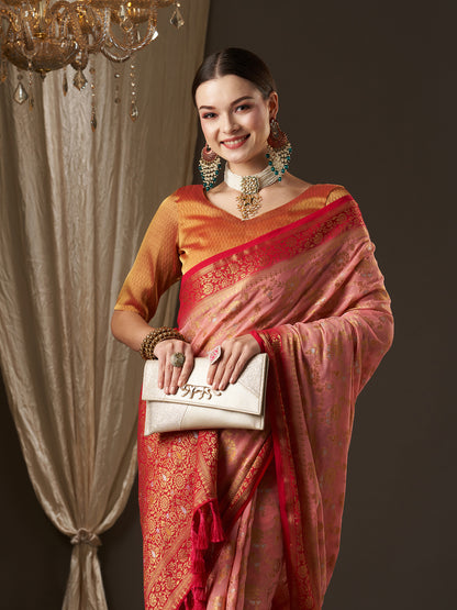 Women's Georgette Pink Woven Design Designer Saree With Blouse Piece
