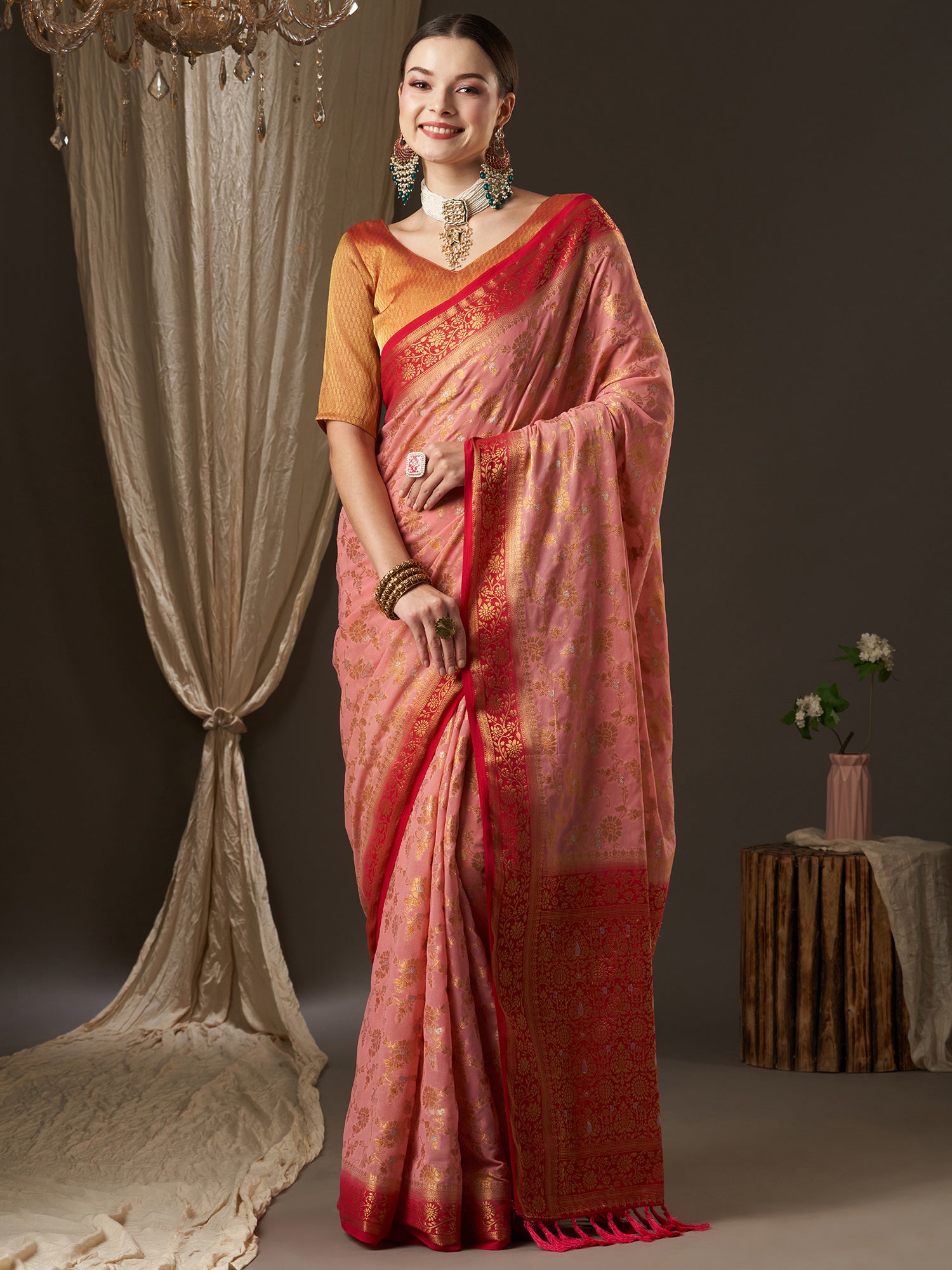 Women's Georgette Pink Woven Design Designer Saree With Blouse Piece