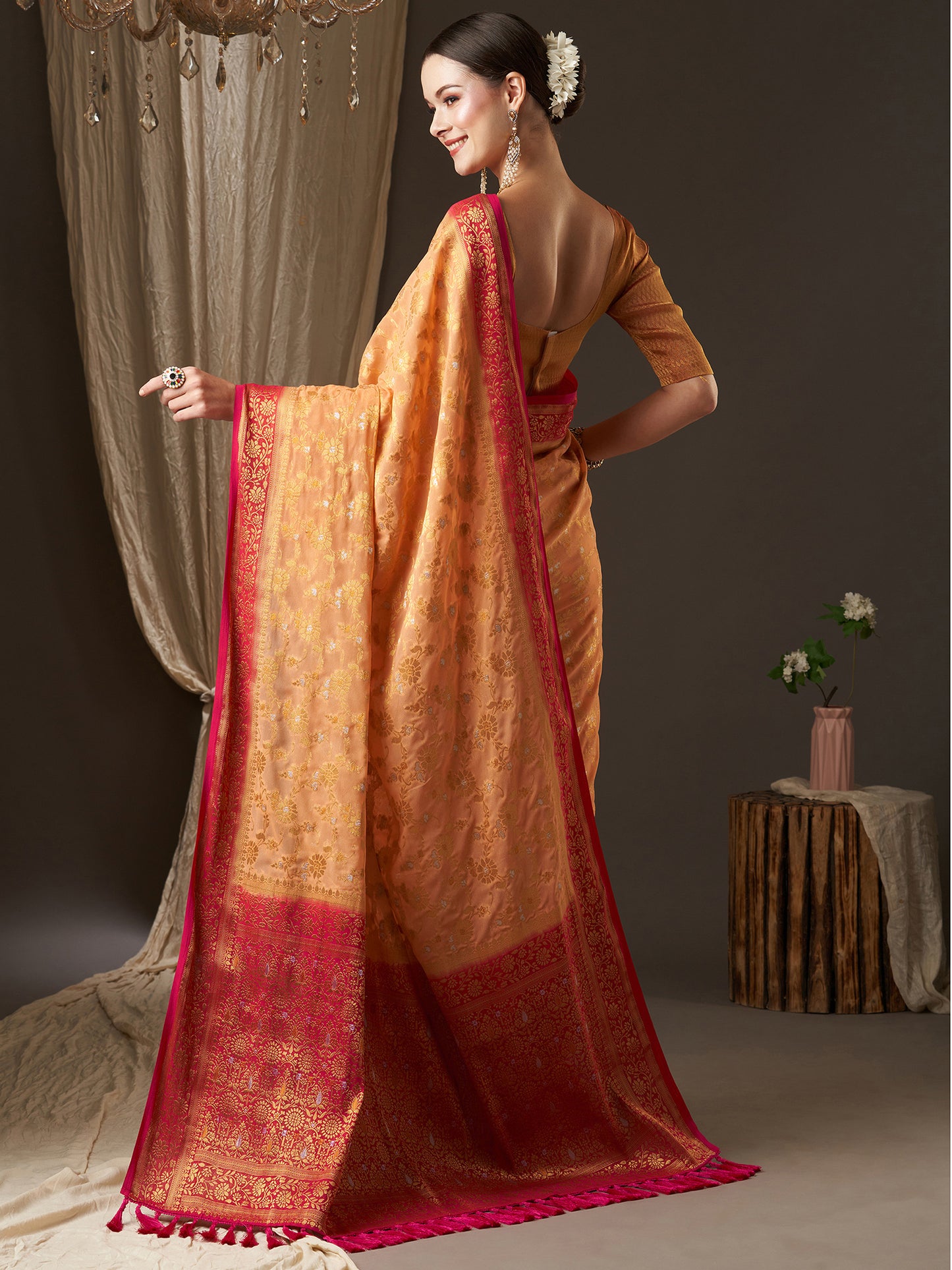 Women's Georgette Peach Woven Design Designer Saree With Blouse Piece