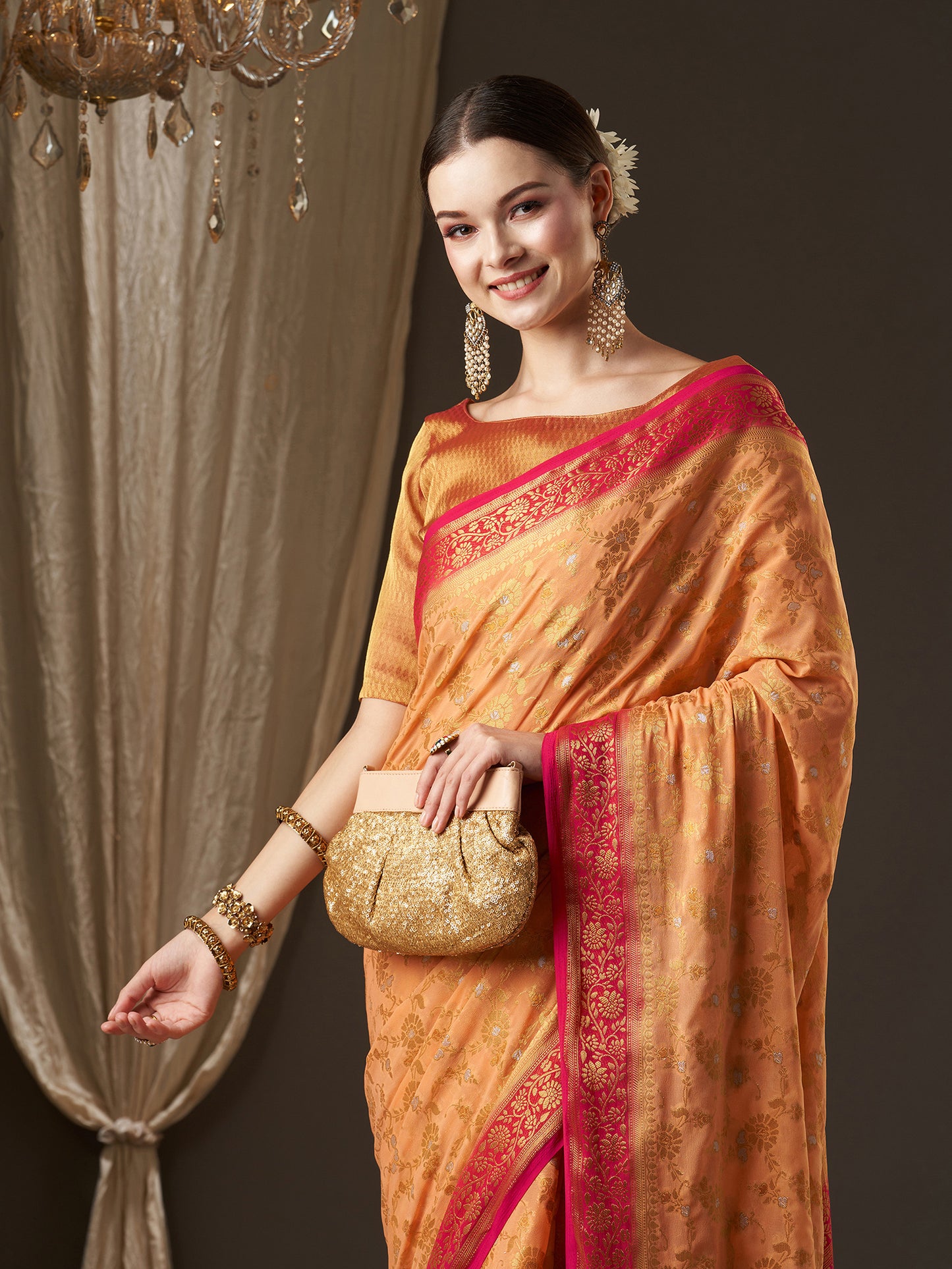 Women's Georgette Peach Woven Design Designer Saree With Blouse Piece