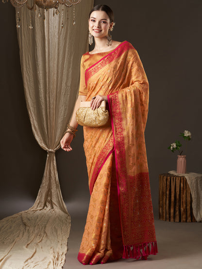 Women's Georgette Peach Woven Design Designer Saree With Blouse Piece
